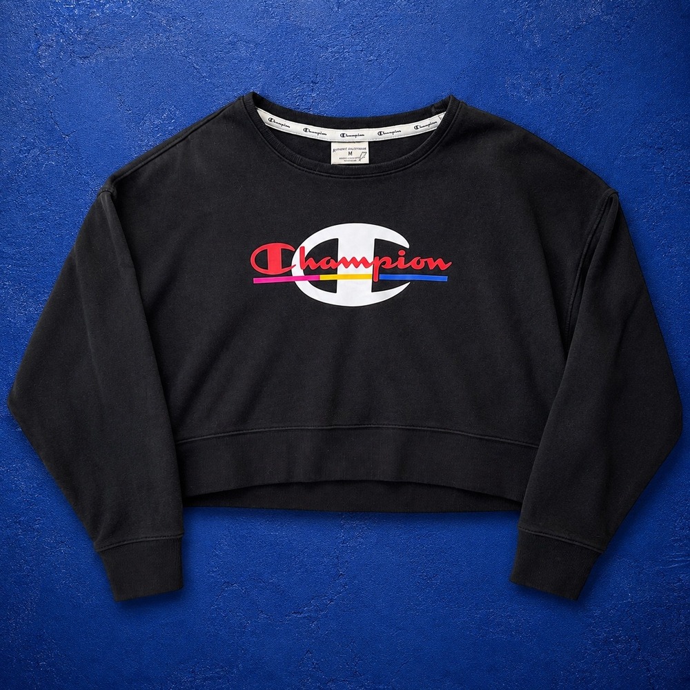 Champion Womens Black Cropped Graphic Logo Sweatshirt Pullover Size M